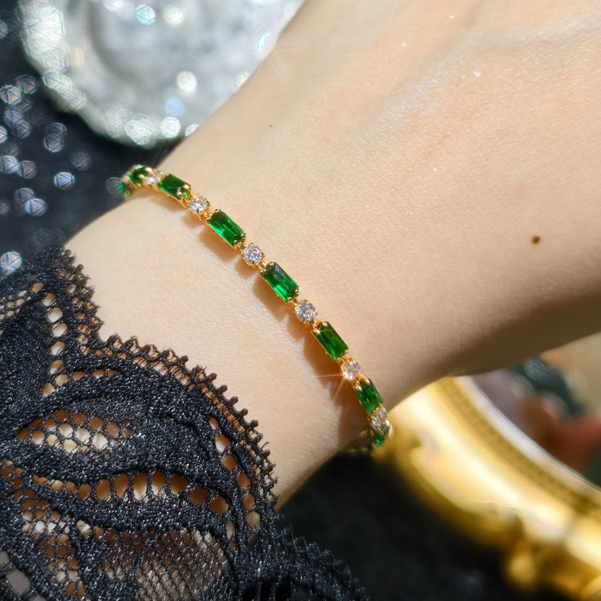 【041】Elegant Champagne Gold French Color Green Purple Pink Red Zircon Bracelet Light Luxury Niche Premium  Women Jewelry