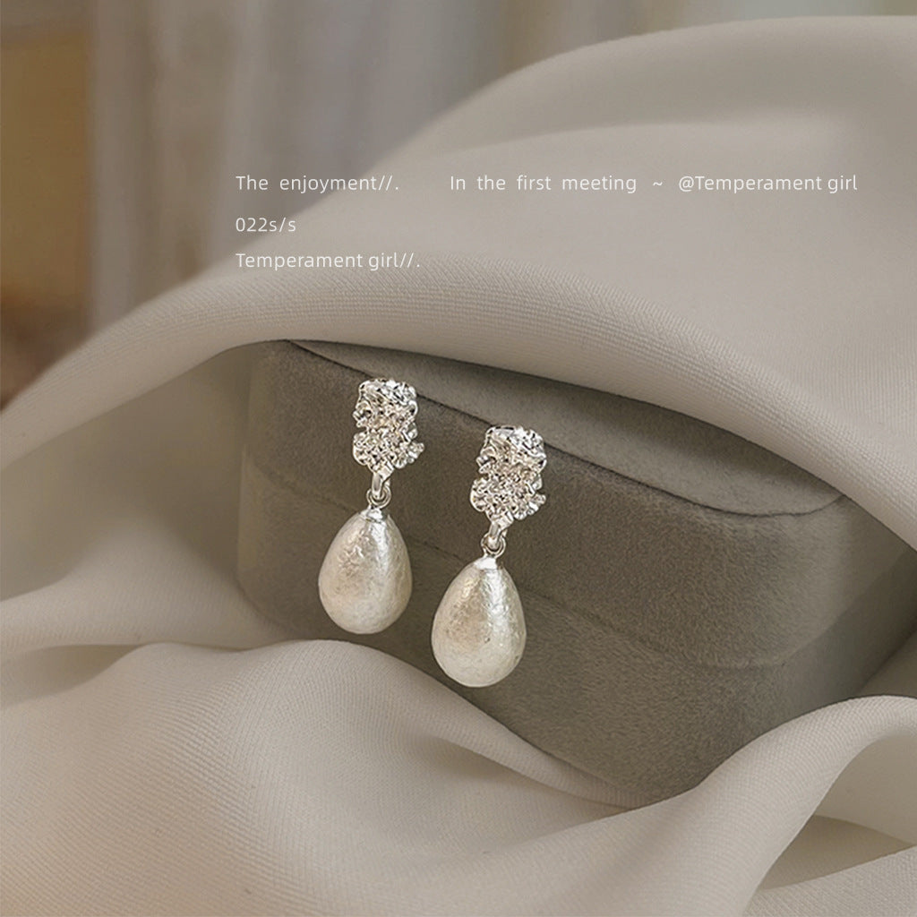 【012】Snowflake Pearl Water Drop Earrings French Pattern Silver Plated Needle Light Luxury Women Temperament High End Jewelry