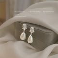 【012】Snowflake Pearl Water Drop Earrings French Pattern Silver Plated Needle Light Luxury Women Temperament High End Jewelry